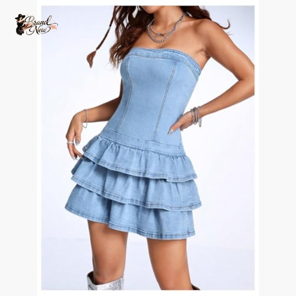 Strapless Denim Mini Dress with Layered Ruffles, Slim Fit Casual Summer - Picture 5 of 6